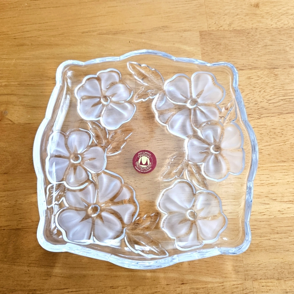 Vintage Waltherglass clear glass flower plate dish square scalloped Germany
